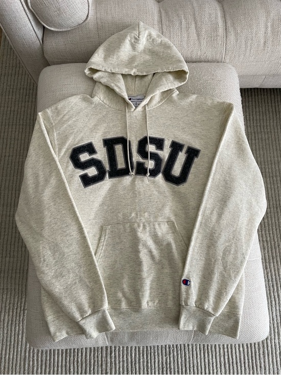 Champion Tops - Champion SDSU Classic Twill Hoodie Sweatshirt Heather Oat Light Grey Charcoal